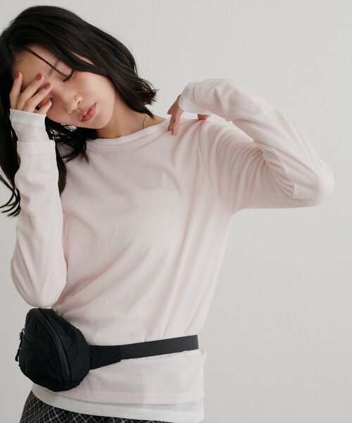 DISCOAT（ディスコート）の「レイヤードシアーパックTシャツ《WEB限定カラーあり》（Tシャツ/カットソー・レディース・グレー系その他/オレンジ/ブラック系その他3/ホワイト/ブラック系その他2/グレー系その他2/オフホワイト/ブラック系その他/ブラウン系その他/ブラウン/グレー/ピンク/ホワイト系その他/パープル/ライム/ブラウン系その他2/バイオレット/ブラウン系その他3・FREE）」の17枚目の写真