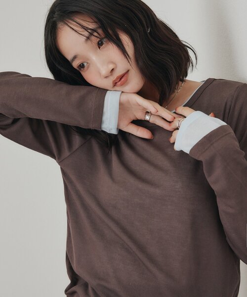 DISCOAT（ディスコート）の「レイヤードシアーパックTシャツ《WEB限定カラーあり》（Tシャツ/カットソー・レディース・グレー系その他/オレンジ/ブラック系その他3/ホワイト/ブラック系その他2/グレー系その他2/オフホワイト/ブラック系その他/ブラウン系その他/ブラウン/グレー/ピンク/ホワイト系その他/パープル/ライム/ブラウン系その他2/バイオレット/ブラウン系その他3・FREE）」の12枚目の写真