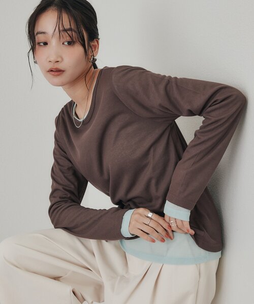 DISCOAT（ディスコート）の「レイヤードシアーパックTシャツ《WEB限定カラーあり》（Tシャツ/カットソー・レディース・グレー系その他/オレンジ/ブラック系その他3/ホワイト/ブラック系その他2/グレー系その他2/オフホワイト/ブラック系その他/ブラウン系その他/ブラウン/グレー/ピンク/ホワイト系その他/パープル/ライム/ブラウン系その他2/バイオレット/ブラウン系その他3・FREE）」の13枚目の写真
