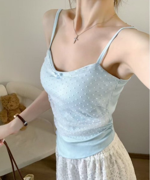 Aelina(エリナ)の「ドット柄チュール切り替えキャミソール(キャミソール・レディース・ブラック/ホワイト/ブルー/ベージュ・FREE)」の20枚目の写真