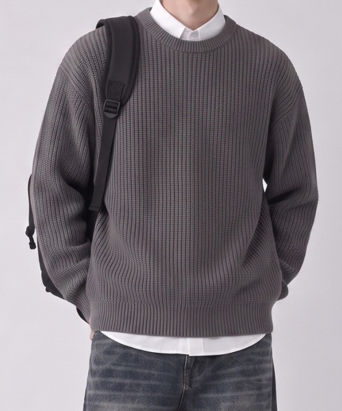 GCLIP(ジクリップ)の「ラウンドネック オーバーサイズ ハッチニットTシャツ 3COLOR(ニット/セーター・メンズ・ブラック/グレー/アイボリー・1/2/3)」の4枚目の写真