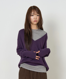 W ディープVボタンニット (PURPLE)