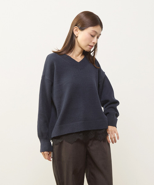 MELROSE claire（メルローズ クレール）の「【裾レースニットプルオーバー】（ニット/セーター・レディース・ライトグレー/ネイビー/グリーン・FREE）」の3枚目の写真