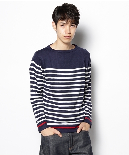 WEGO(ウィゴー)の「ボートネックボーダーニット(ニット/セーター・メンズ・オフホワイト/ネイビー/レッド・MEDIUM/LARGE)」の1枚目の写真