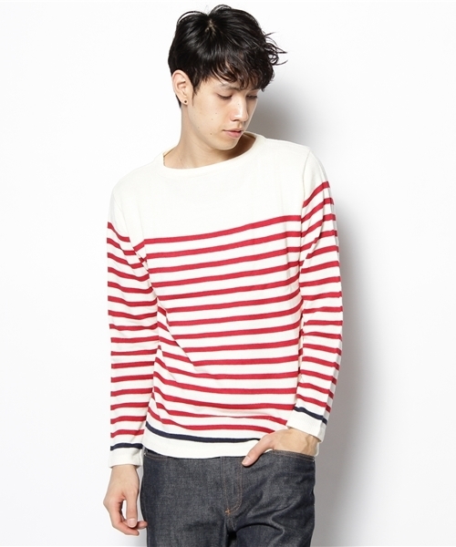 WEGO(ウィゴー)の「ボートネックボーダーニット(ニット/セーター・メンズ・オフホワイト/ネイビー/レッド・MEDIUM/LARGE)」の3枚目の写真