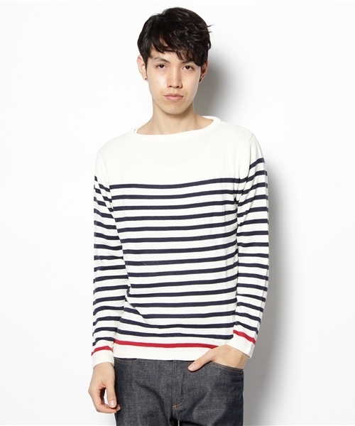 WEGO(ウィゴー)の「ボートネックボーダーニット(ニット/セーター・メンズ・オフホワイト/ネイビー/レッド・MEDIUM/LARGE)」の2枚目の写真