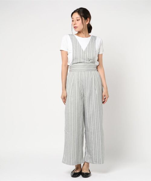 STYLEBLOCK（スタイルブロック）の「先染めストライプオールインワン（サロペット/オーバーオール・レディース・ブラック/ベージュ/サックスブルー/グレー・M）」の3枚目の写真