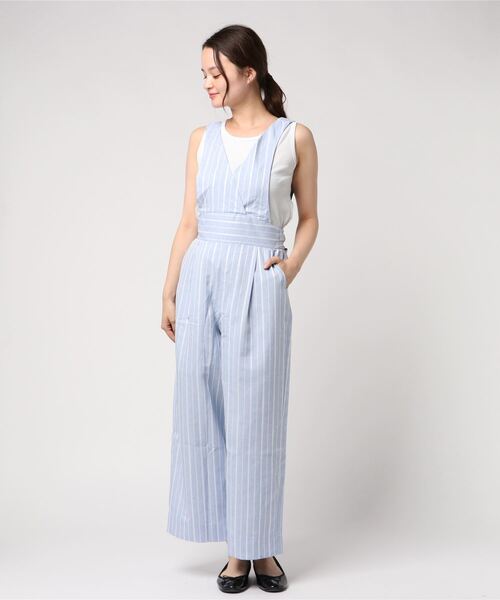 STYLEBLOCK（スタイルブロック）の「先染めストライプオールインワン（サロペット/オーバーオール・レディース・ブラック/ベージュ/サックスブルー/グレー・M）」の4枚目の写真