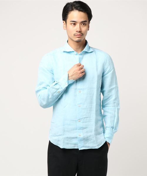 【美品】FINAMORE フィナモレ ホリゾンタルカラー 長袖シャツ 美品】フィナモレ/Finamore 長袖リネンホリゾンタルカラーシャツ 美品