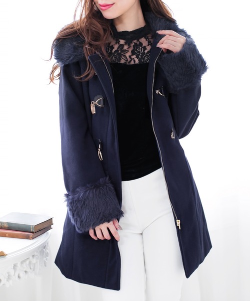 フェイクファー Goldビット付上質ウールタッチダッフルコート アウター