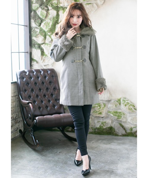 フェイクファー Goldビット付上質ウールタッチダッフルコート アウター