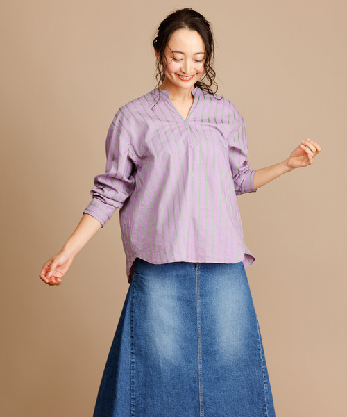 Munich（ミューニック）の「イタリア製シルクレーヨンストライププルオーバーシャツ（シャツ/ブラウス・レディース・ベージュ/ネイビー/ラベンダー/ピンク・FREE）」の3枚目の写真