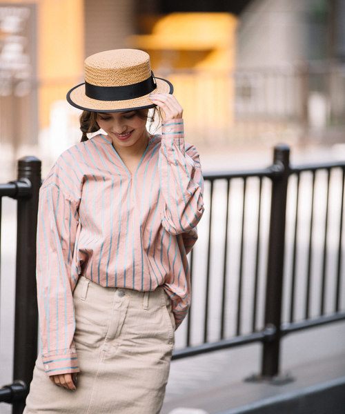 Munich（ミューニック）の「イタリア製シルクレーヨンストライププルオーバーシャツ（シャツ/ブラウス・レディース・ベージュ/ネイビー/ラベンダー/ピンク・FREE）」の6枚目の写真