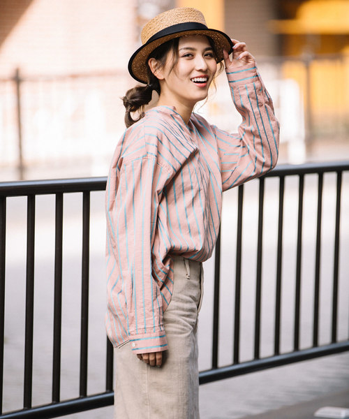 Munich（ミューニック）の「イタリア製シルクレーヨンストライププルオーバーシャツ（シャツ/ブラウス・レディース・ベージュ/ネイビー/ラベンダー/ピンク・FREE）」の7枚目の写真