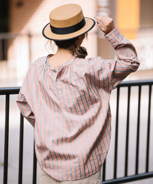 Munich（ミューニック）の「イタリア製シルクレーヨンストライププルオーバーシャツ（シャツ/ブラウス・レディース・ベージュ/ネイビー/ラベンダー/ピンク・FREE）」の9枚目の写真