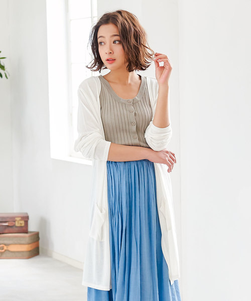 KOBE LETTUCE（コウベレタス）の「［ M L XL ］ 選べる3丈 シアーニットカーディガン（カーディガン/ボレロ・レディース・ブラック/ベージュ/ネイビー/アイボリー/ミント/ライトパープル/コーラルピンク/ブラウン/グレー/カーキ/レンガ/ピンク系その他/グリーン/オレンジ/オレンジ系その他/ベージュ系その他/ブラック系/スモークピンク/ライトカーキ/ネイビー系/ベージュ系/モカ/ブルー/オレンジ系/ターコイズブルー/ブルー系/ホワイト・1/2/4/3/6/5/7/8/9）」の2枚目の写真