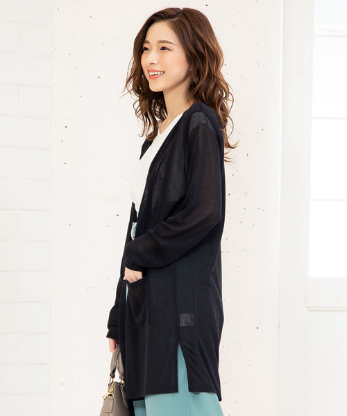 KOBE LETTUCE（コウベレタス）の「［ M L XL ］ 選べる3丈 シアーニットカーディガン（カーディガン/ボレロ・レディース・ブラック/ベージュ/ネイビー/アイボリー/ミント/ライトパープル/コーラルピンク/ブラウン/グレー/カーキ/レンガ/ピンク系その他/グリーン/オレンジ/オレンジ系その他/ベージュ系その他/ブラック系/スモークピンク/ライトカーキ/ネイビー系/ベージュ系/モカ/ブルー/オレンジ系/ターコイズブルー/ブルー系/ホワイト・1/2/4/3/6/5/7/8/9）」の3枚目の写真