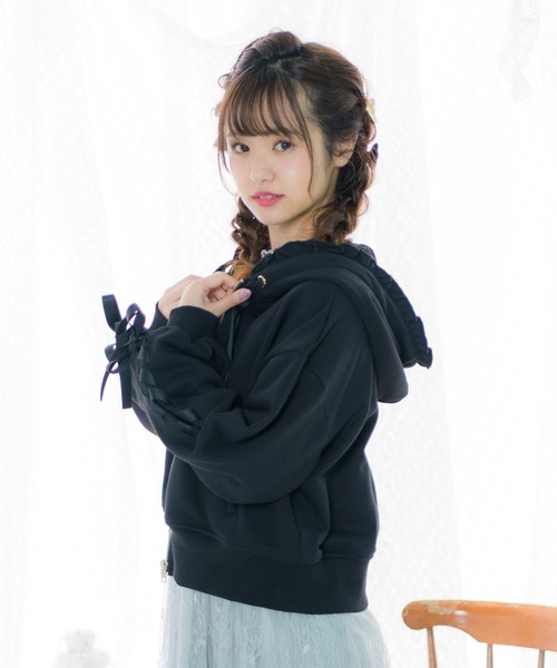 satoi パーカー　フリルパーカー　フーディ　Bigパーカー フリルハイネックパーカー<white × black> | satoi