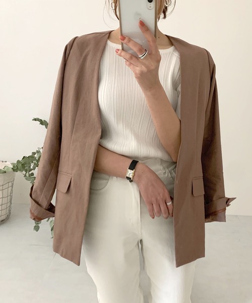 KOBE LETTUCE（コウベレタス）の「リネンブレンドノーカラーサマージャケット（ノーカラージャケット・レディース・ブラウン/ミント/ナチュラル・FREE）」の2枚目の写真