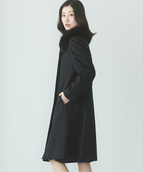 カシミヤ100%ステンカラーロングコートフォックス衿付き（ステン