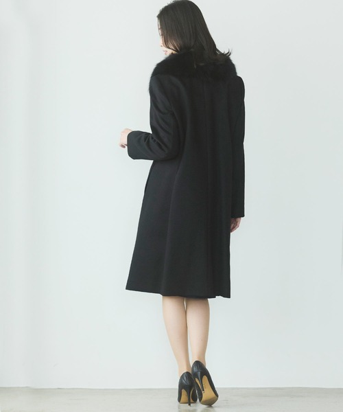 カシミヤ100%ステンカラーロングコートフォックス衿付き（ステンカラー