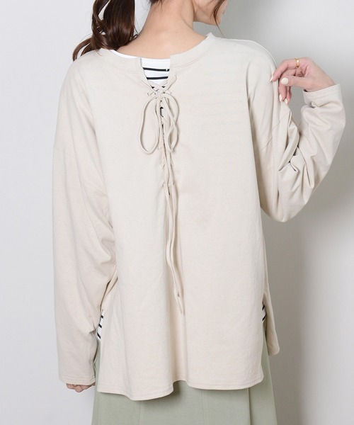 shopnikoniko(ショップニコニコ)の「2wayレースアップトップス(Tシャツ/カットソー・レディース・ブラック/オフホワイト/グリーン/ライトベージュ・フリー)」の3枚目の写真