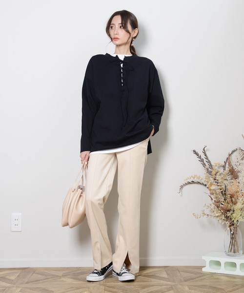 shopnikoniko(ショップニコニコ)の「2wayレースアップトップス(Tシャツ/カットソー・レディース・ブラック/オフホワイト/グリーン/ライトベージュ・フリー)」の10枚目の写真