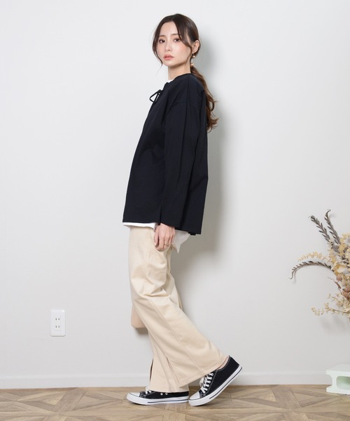 shopnikoniko(ショップニコニコ)の「2wayレースアップトップス(Tシャツ/カットソー・レディース・ブラック/オフホワイト/グリーン/ライトベージュ・フリー)」の13枚目の写真