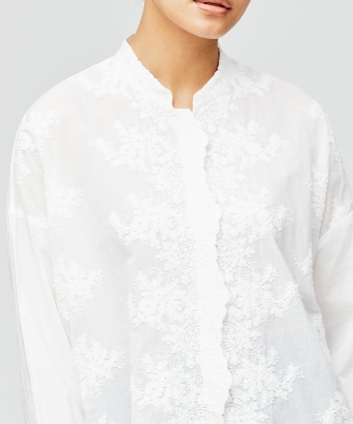 mizuiroind（ミズイロインド）の「フロントレーススタンドカラーワイドシャツ（シャツ/ブラウス・レディース・パープル/オフホワイト・FREE）」の9枚目の写真