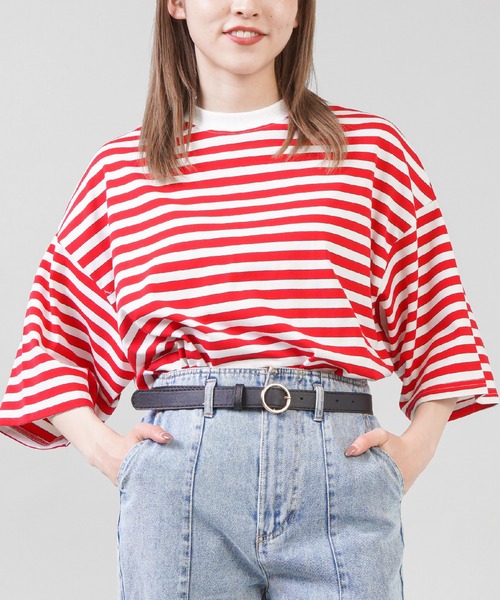 SPINNS（スピンズ）の「【ゆったりシルエット】10色展開 ボーダーリンガーTシャツ（Tシャツ/カットソー・レディース・ボルドー/ホワイト系その他/グレー系その他/グリーン系その他/ブルー系その他/イエロー系その他/レッド系その他/ホワイト系その他2/ホワイト系その他3/グリーン系その他2・ONESIZE）」の10枚目の写真