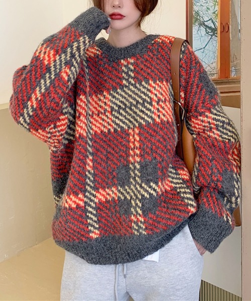 Jewelobe(ジュエローブ)の「デカチェックオーバーサイズニットプルオーバー(ニット/セーター・レディース・グレー/オレンジ・FREE)」の1枚目の写真