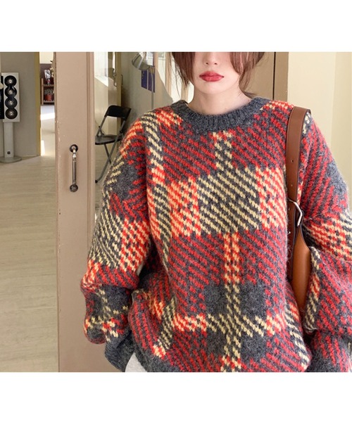 Jewelobe(ジュエローブ)の「デカチェックオーバーサイズニットプルオーバー(ニット/セーター・レディース・グレー/オレンジ・FREE)」の14枚目の写真