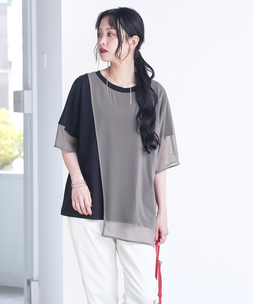 osharewalker（オシャレウォーカー）の「【廃盤】『メッシュ切替アシメデザインTシャツ』（Tシャツ/カットソー・レディース・ブラック/グレイッシュブルー・FREE）」の5枚目の写真