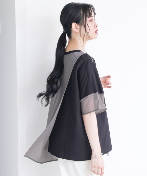 osharewalker（オシャレウォーカー）の「【廃盤】『メッシュ切替アシメデザインTシャツ』（Tシャツ/カットソー・レディース・ブラック/グレイッシュブルー・FREE）」の4枚目の写真