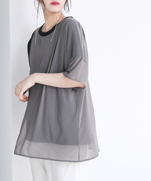 osharewalker（オシャレウォーカー）の「【廃盤】『メッシュ切替アシメデザインTシャツ』（Tシャツ/カットソー・レディース・ブラック/グレイッシュブルー・FREE）」の3枚目の写真