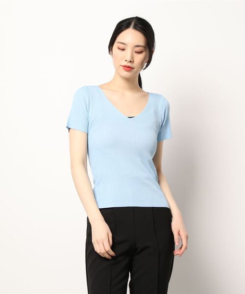 Jasmine Grandiflorum（ジャスミングランディフローラム）の「【Jasmine】シンプル無地Vネック半袖ニットトップス (SS) (EC)（ニット/セーター・レディース・ホワイト/オフホワイト/ブラック/ブラウン/ベージュ/グリーン/ブルー/ネイビー/ライトブルー/パープル/イエロー/レッド/オレンジ/ピンク・MEDIUM/LARGE/SMALL）」の21枚目の写真