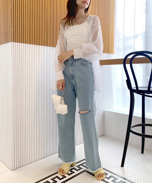 OLIVE des OLIVE（オリーブデオリーブ）の「ストレートデニムダメージパンツ（デニムパンツ・レディース・ブラック/オフホワイト/サックスブルー・FREE）」の17枚目の写真