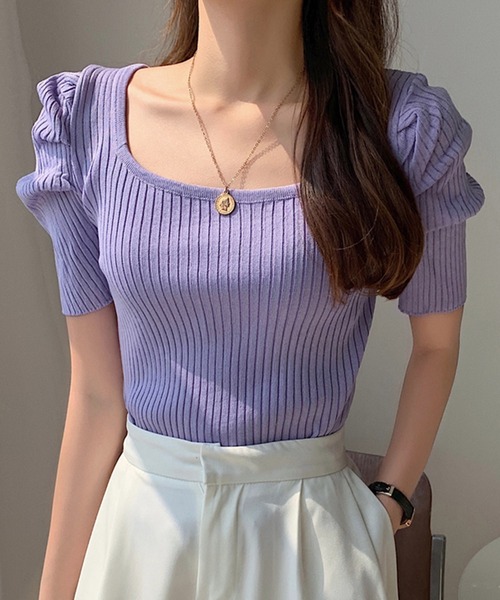 DAY CLOSET(デイ クローゼット)の「レディース スクエアネックパワショルリブトップス(シャツ/ブラウス・レディース・ホワイト/ブラック/パープル/イエロー/オレンジ・ONE SIZE)」の4枚目の写真