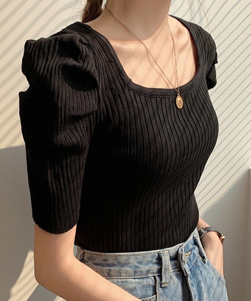 DAY CLOSET(デイ クローゼット)の「レディース スクエアネックパワショルリブトップス(シャツ/ブラウス・レディース・ホワイト/ブラック/パープル/イエロー/オレンジ・ONE SIZE)」の10枚目の写真