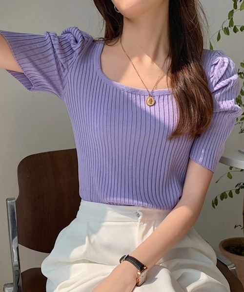 DAY CLOSET(デイ クローゼット)の「レディース スクエアネックパワショルリブトップス(シャツ/ブラウス・レディース・ホワイト/ブラック/パープル/イエロー/オレンジ・ONE SIZE)」の12枚目の写真