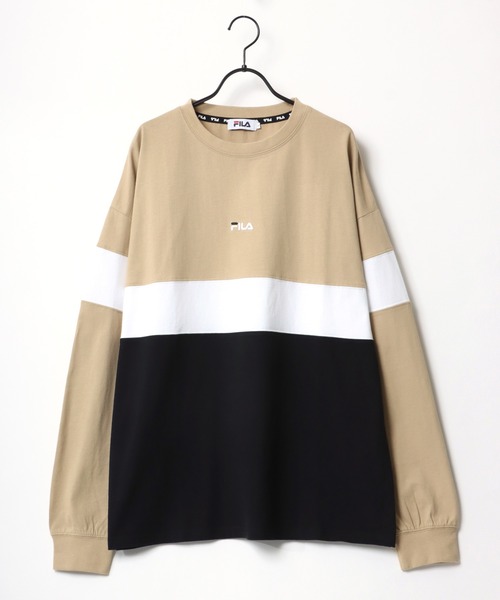 FILA(フィラ)の「FILA/フィラ 別注 ビッグシルエット ロゴ ワンポイント刺繍 袖プリント/バイカラー ロングスリーブTシャツ/レディース メンズ ロンT(Tシャツ/カットソー・メンズ・ホワイト/ブラック/ダークグリーン/ベージュ系その他/グリーン系その他/パープル系その他・LL/M/L)」の9枚目の写真