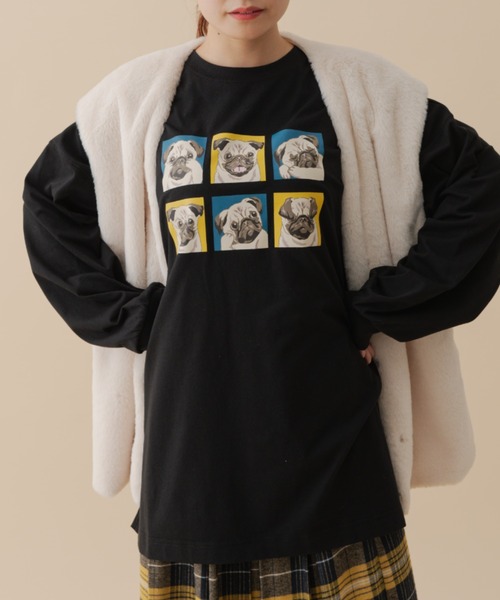 MERLOT(メルロー)の「パグロンT(Tシャツ/カットソー・レディース・ホワイト/ブラック・FREE)」の1枚目の写真