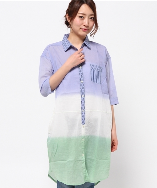 チャイハネ（チャイハネ）の「【チャイハネ】3トーンカラーグラデーションロングシャツ（シャツ/ブラウス・レディース・ブルー/イエロー/ピンク・FREE）」の2枚目の写真