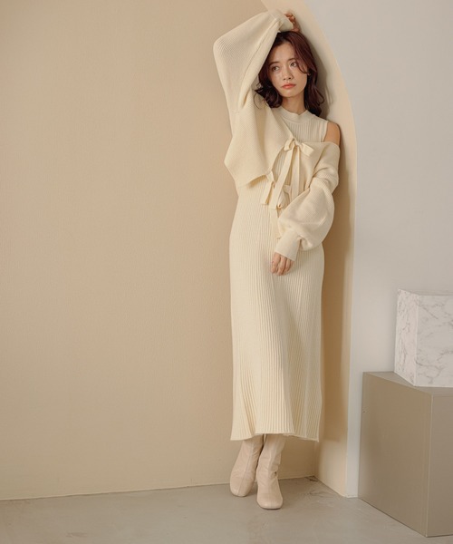 mysty woman（ミスティウーマン）の「リボンショート2Pワンピース 173682（ワンピース・レディース・アイボリー/ブラック/モカ・FREE）」の2枚目の写真