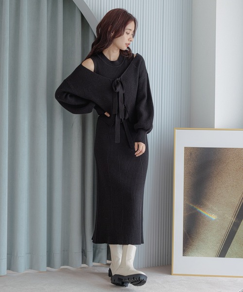 mysty woman（ミスティウーマン）の「リボンショート2Pワンピース 173682（ワンピース・レディース・アイボリー/ブラック/モカ・FREE）」の3枚目の写真