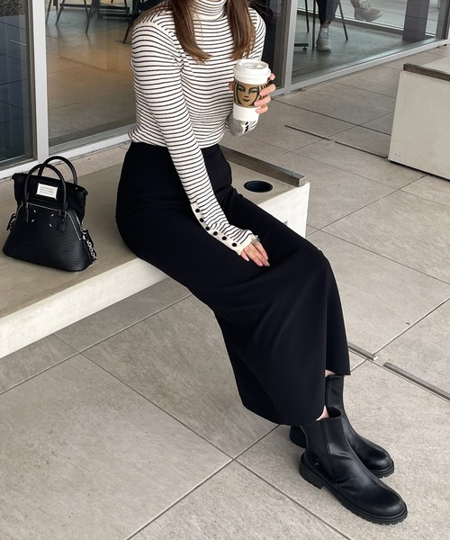 LE MORE（リモア）の「袖ボタンボーダータートルリブニット（ニット/セーター・レディース・グリーン/ピンク/ホワイト/オレンジ/ブラック・FREE）」の21枚目の写真