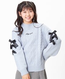 袖レースアップケーブルニット