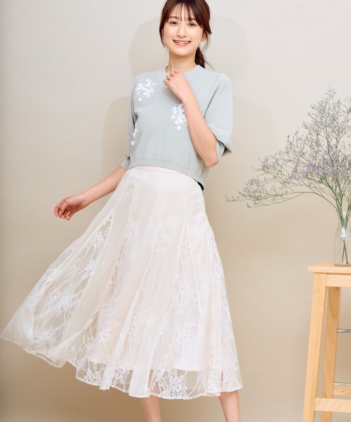 [No.470] TRALALA*ピンクシフォンブラックレーススカート るーつくコラボ/ニコラ9月号掲載】総柄プリントフレアスカート