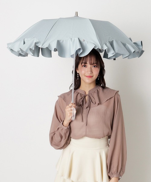 今期新作 晴雨兼用折りたたみ日傘 フレアフリル ライトブルー セール】一級遮光 晴雨兼用折りたたみ日傘 ”フレアフリル