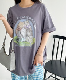 【S~XXLサイズ】キャットプリントオーバーTシャツ